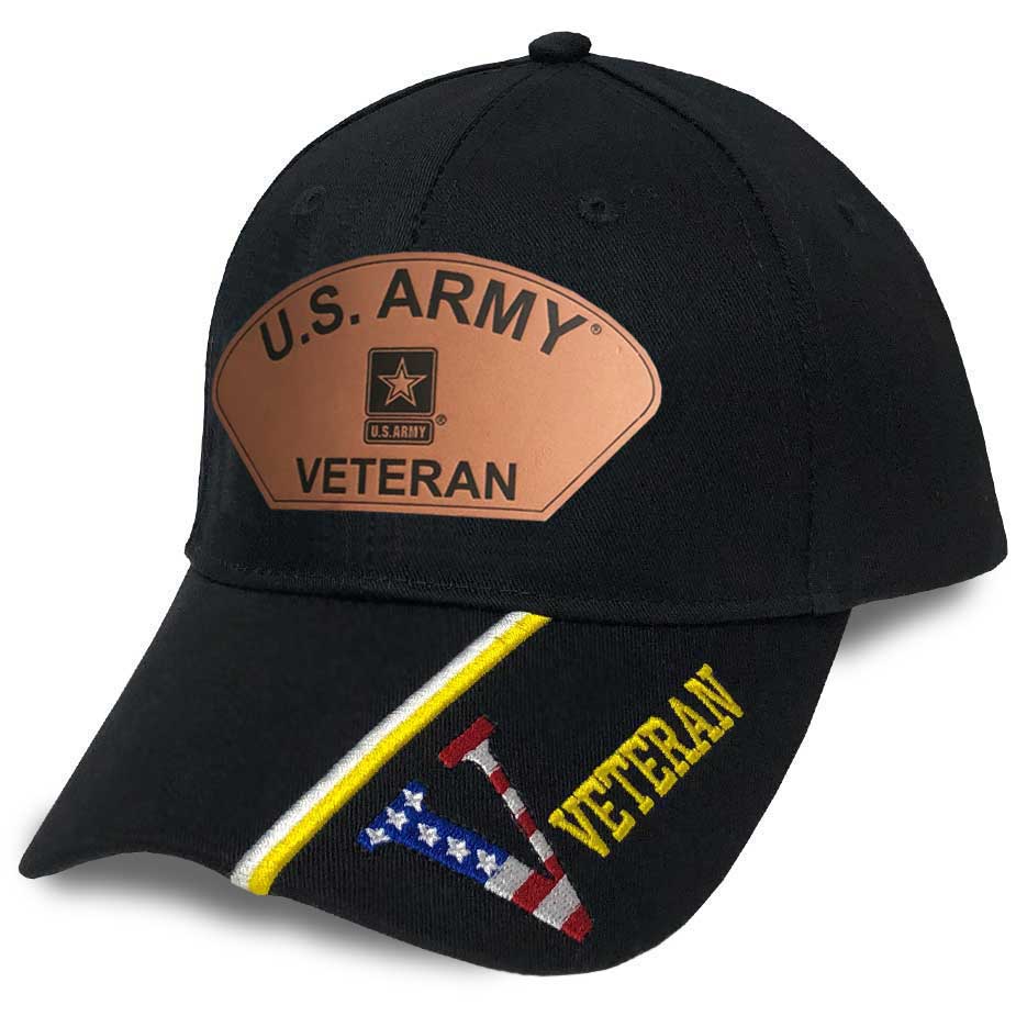 US Army Veteran Hat with Custom Leather Patch and V Veteran Text Hat