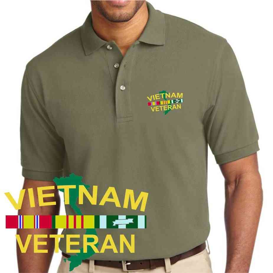 Vietnam Veteran Ribbons and Map Embroidered Olive Drab Green Polo Shirt